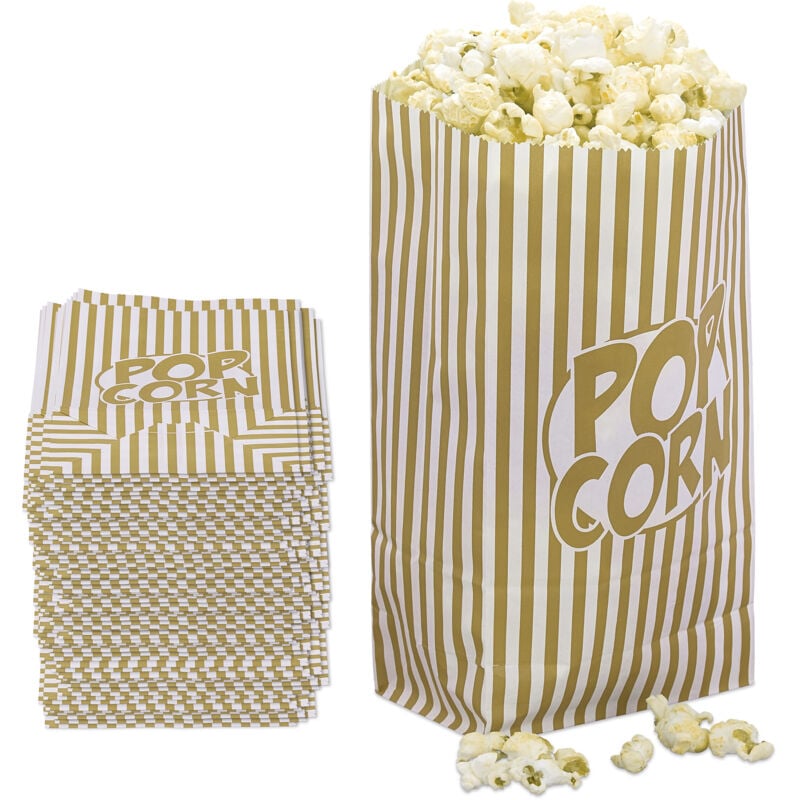 Sachets à popcorn, lot de 144, rayés, petits sacs, pour soirée film, en papier, style rétro, doré/blanc - Relaxdays