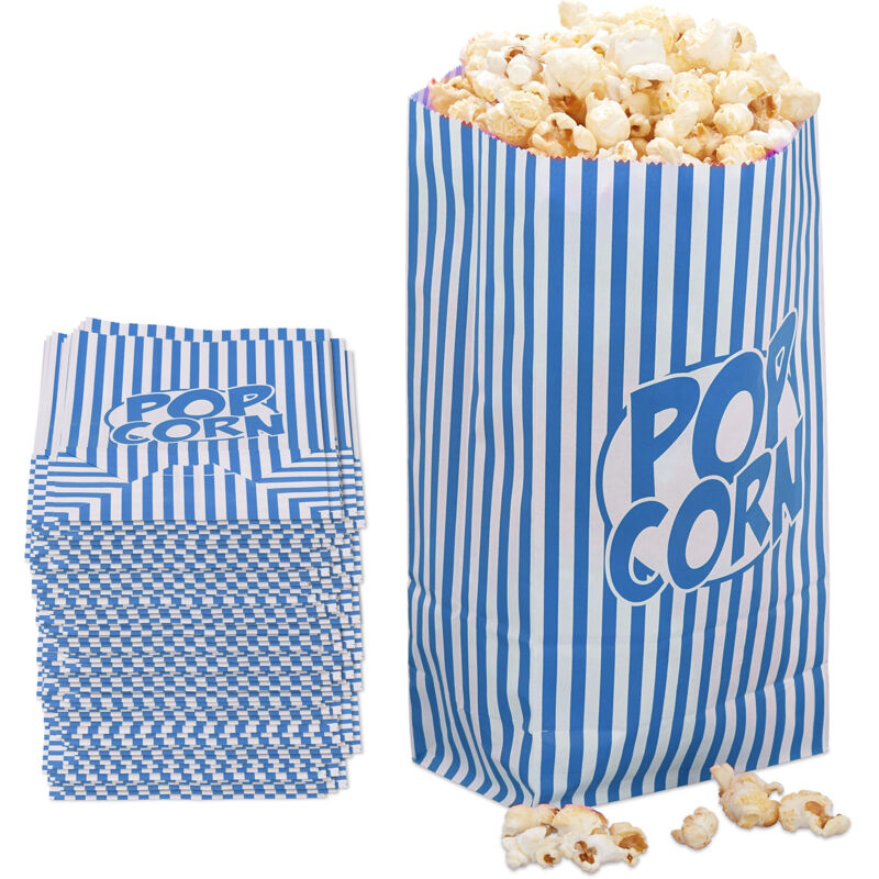 Sachets à popcorn, lot de 144, rayés, petits sacs, pour soirée film, en papier, style rétro, bleu/blanc - Relaxdays