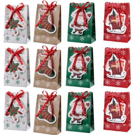 Sacs cadeaux de Noël avec ruban, 18,3 x 11,9 cm, lot de 12, avec 4 jolis motifs de Noël, boîtes cadeaux pour fêtes de Noël, emballage cadeau