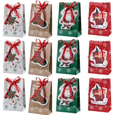 Sacs cadeaux de Noël avec ruban, 18,3 x 11,9 cm, lot de 12, avec 4 jolis motifs de Noël, boîtes cadeaux pour fêtes de Noël, emballage cadeau