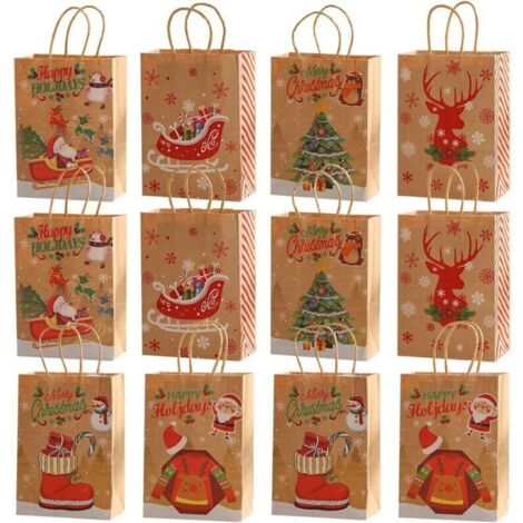 Sacs Cadeaux de Noël,12 Pièce Sac Cadeau Noel en Papier Kraft Pochette Cadeau Noel Reutilisable Sac Papier Cadeau Noel avec Poignée Pochettes de NoëL Sac en Papier pour Cadeau Bonbons Biscuits