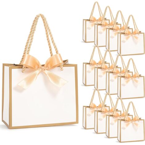 Sacs Cadeaux - Lot de 12 - Papier Blanc Bordure Dorée - Avec Ruban Et Poignée - Pour Mariage Anniversaire - 14x6x12 Cm