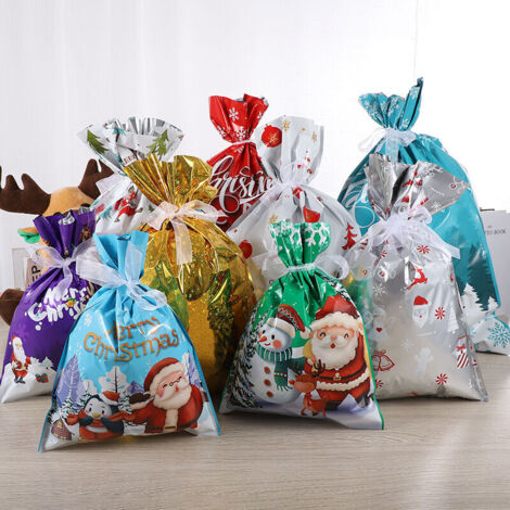 Sacs Cadeaux Noël Lot de 27 Grands Sacs Emballage Cadeaux avec Cordon de Serrage pour la Fête de Noël, Cadeaux, Décorations de Vacances (9motifs ,3 de chaque）