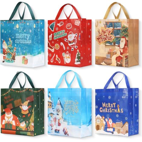 Sacs Cadeaux Noël - Lot de 6 - Non Tissé - Réutilisables - Emballage Fête - 35x31x15 cm