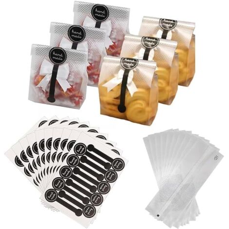 Sacs de cuisson transparents (150 unités), sachets cellophane pour bonbons, pains et cadeaux avec étiquettes adhésives