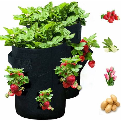 Sacs de Culture Fraise, 2Pcs 10 Gallons Sac Plantation Fraise avec 2 Poignées et 8 Poches de Culture Latérales, Sac de Culture Feutre pour Fraises,Herbes,Fleurs,Jardin,Cour,Intérieur (Noir)