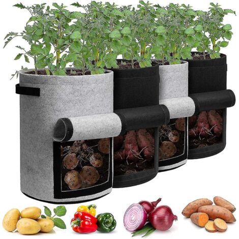 Sacs de culture pour pommes de terre Homyhoo avec rabat, 10 gallons, lot de 4, pots de culture avec poignées et fenêtre de récolte pour pommes de terre, tomates et légumes, noir et gris.