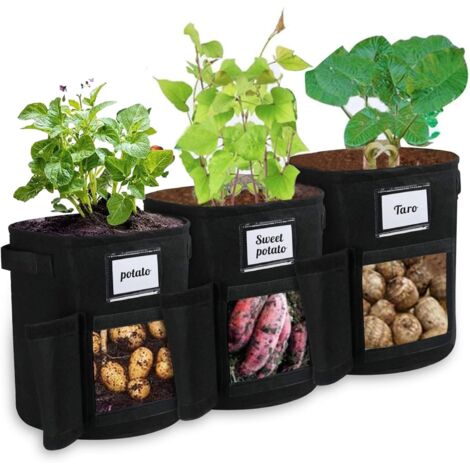 Sacs de culture pour pommes de terre (lot de 2) - Sac de culture noir pour plantes, 27 L, en tissu non tissé avec fenêtre d'ouverture, idéal pour les pommes de terre et les tomates.
