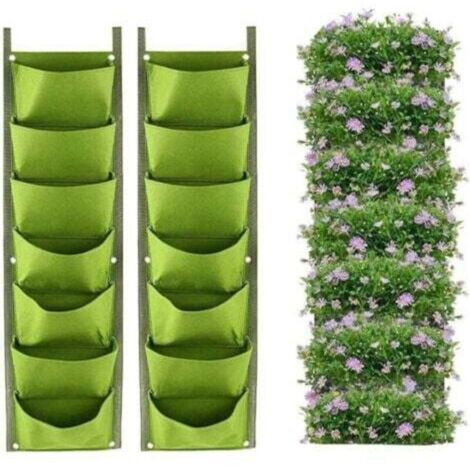 Sacs de jardinière Suspendus, Paquet de 2 Jardinière Murale Verticale Suspendue à 7 Poches Plantation de Sacs de Culture Jardinage intérieur extérieur Pot de Fleurs Vert Vertical (Vert)