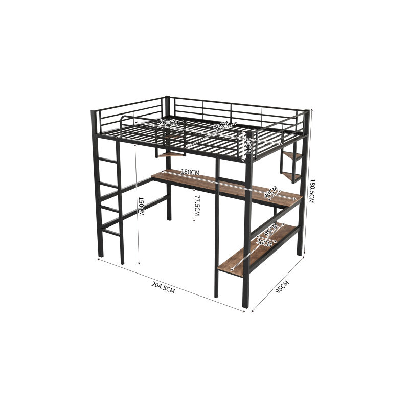 Live House - Cadre de lit en métal,90x200cm lit en fer avec bureau, lit mezzanine avec quatre petites étagères et une grande bibliothèque pour