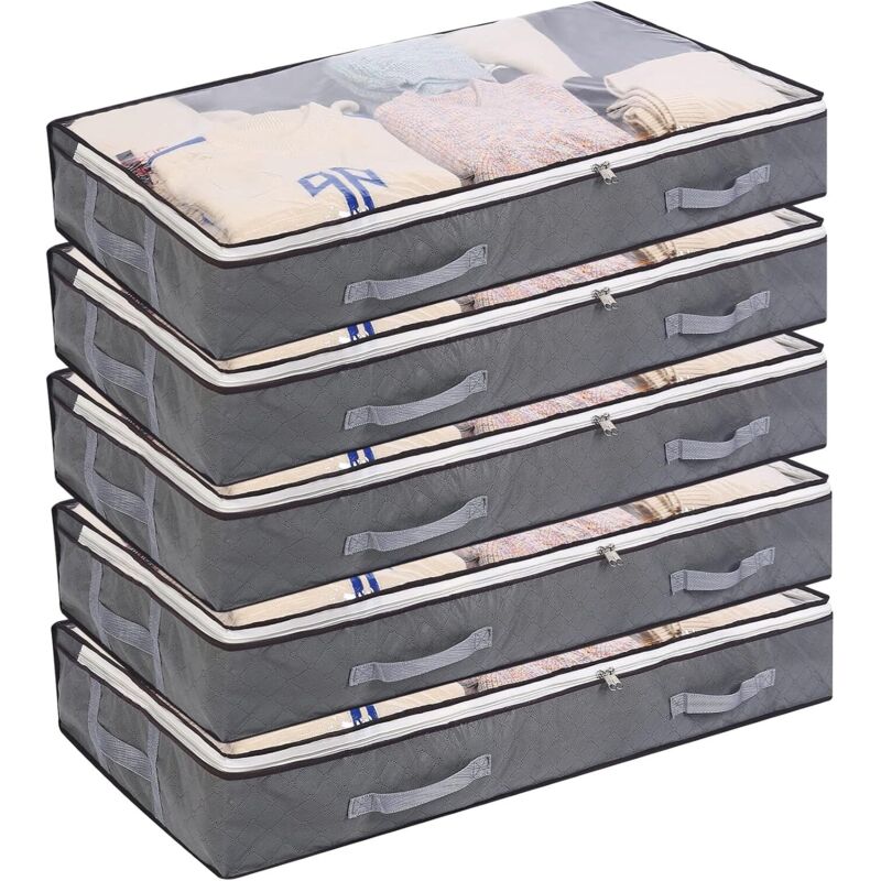 Sacs de rangement pliables sous le lit, grande capacité 75 L, avec fenêtre transparente, poignées renforcées, organiseur zippé non tissé