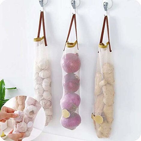 Sacs de rangement réutilisables en maille pour fruits et légumes - Pour l'ail, les oignons, les pommes de terre, les épiceries 3pcs beige