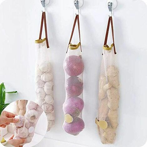 Sacs de rangement réutilisables en maille pour fruits et légumes - Pour l'ail, les oignons, les pommes de terre, les épiceries 3pcs beige Dontodent