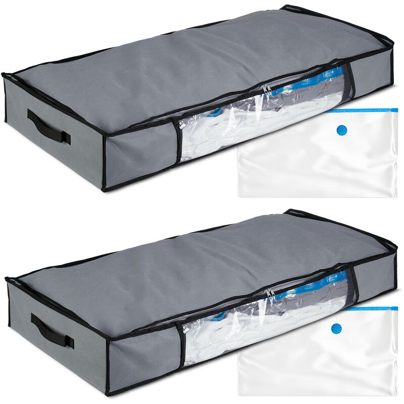 Sacs de rangement sous vide, lot de 2, HxLxP : 15x100x45 cm, vêtements, linge de lit, housses sous vide, gris - Relaxdays