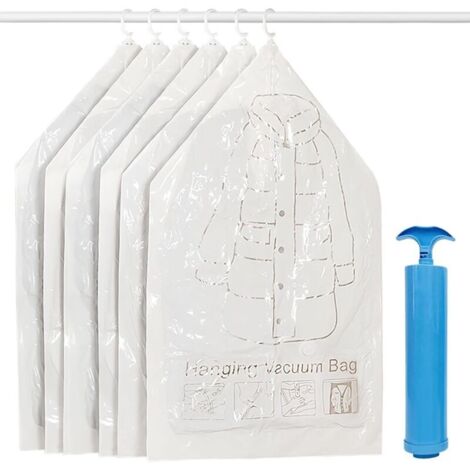 Sacs de rangement suspendus sous vide (110 x 70 cm) avec pompe manuelle. Gain de place de 75 % pour les manteaux et les robes. Rangement saisonnier à l'abri de la poussière. Pompe manuelle incluse.