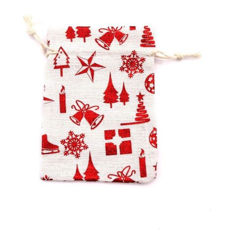 Sacs en lin, lot de 10, sacs en jute avec cordon de serrage, imprimé Modèle d'élément de Noël, sacs cadeaux de Noël, sacs cadeaux suspendus, flocon de neige, rouge, 10×14cm