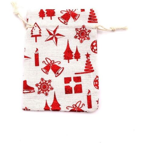 Sacs en lin, lot de 10, sacs en jute avec cordon de serrage, imprimé Modèle d'élément de Noël, sacs cadeaux de Noël, sacs cadeaux suspendus, flocon de neige, rouge, 15×20cm