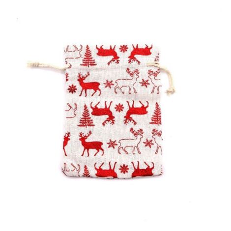 Sacs en lin, lot de 10, sacs en jute avec cordon de serrage, imprimé motif de forêt d'élans, sacs cadeaux de Noël, sacs cadeaux suspendus, flocon de neige, rouge, 13×18cm