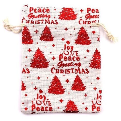 Sacs en lin, lot de 10, sacs en jute avec cordon de serrage, imprimé Motif de sapin de Noël, sacs cadeaux de Noël, sacs cadeaux suspendus, flocon de neige, rouge, 13×18cm