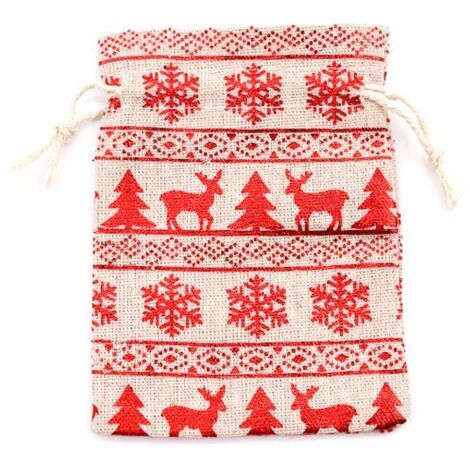 Sacs en lin, lot de 10, sacs en jute avec cordon de serrage, imprimé, sacs cadeaux de Noël, sacs en toile de jute, sacs en tissu, sacs cadeaux suspendus, flocon de neige, rouge, 10×14cm