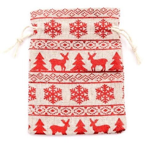 Sacs en lin, lot de 10, sacs en jute avec cordon de serrage, imprimé, sacs cadeaux de Noël, sacs en toile de jute, sacs en tissu, sacs cadeaux suspendus, flocon de neige, rouge, 13×18cm