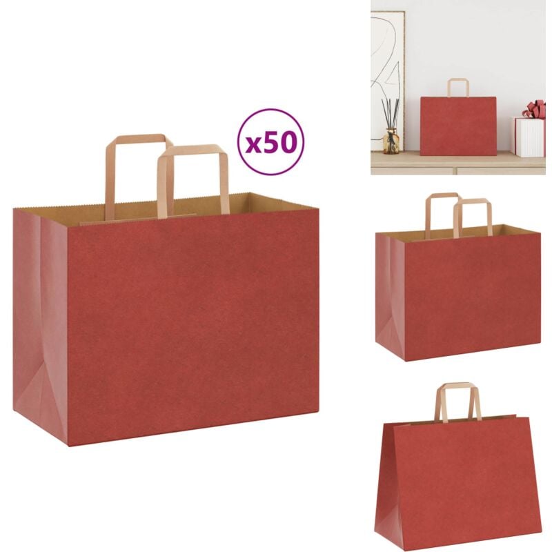Sacs en papier kraft 50 pcs avec poignées rouge 32x17x25 cm - Sac En Papier Kraft - Sacs En Papier Kraft - Sac En Papier - Sac Kraft