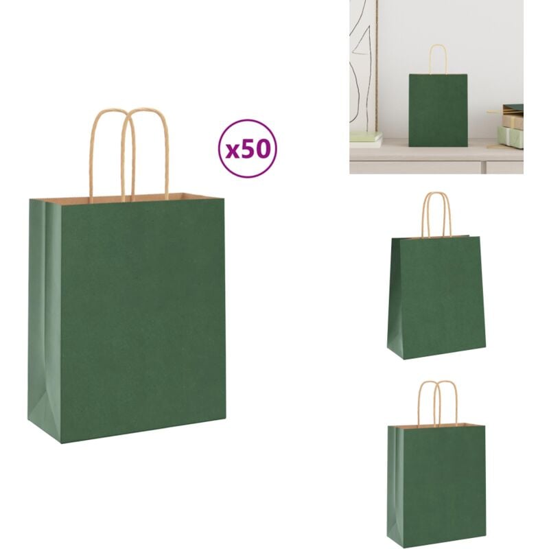 Vidaxl - Sacs en papier kraft 50 pcs avec poignées vert 18x8x22 cm - Sac En Papier Kraft - Sacs En Papier Kraft - Sac En Papier - Sac Kraft