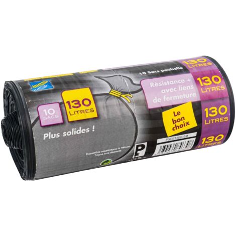 Sacs poubelle renforcés 130L – Lot de 10 sacs 60 microns – Résistants aux déchirures – Ouverture facile pour déchets ménagers – Publi Embal