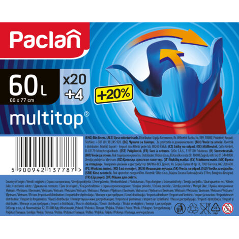 Sacs poubelles Paclan Mulitop 60L 24 pièces.