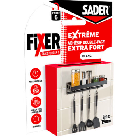 SADER ADHESIF DOUBLE FACE  FIXER SANS PERCER  EXTREME 2M x19mm