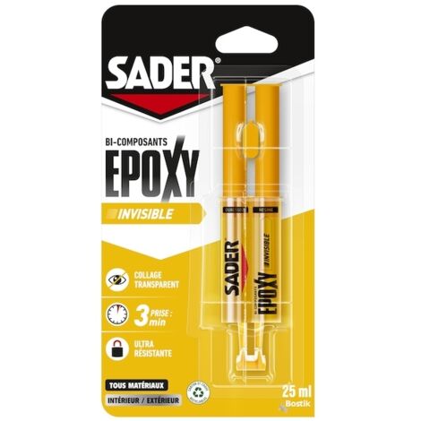 Colle epoxy invisible 25ml – Prise rapide en 90 secondes – Résistance 130kg/cm² – Pour verre, cristal, faïence, porcelaine – Sader
