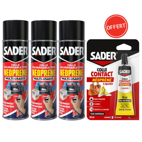 Sader – Lot de 3 colles pulvérisables néoprène 200ml – Colle contact liquide 55ml offerte – Prise immédiate – Pour surfaces verticales et poreuses