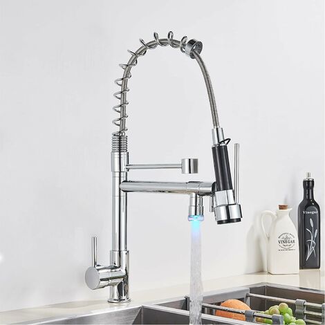 Saeuwtowy Grifo monomando de cocina con LED Dos chorros con fregadero de rociador giratorio flexible extraíble Grifo de fregadero monomando de latón duradero Rociador, Latón cromado GDRHVFD