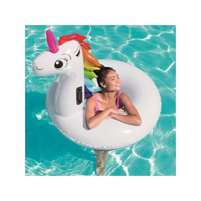 Trade Shop Traesio - Unicornio Blanco Arco Iris Montable Salvavidas 136 X 131 Cm