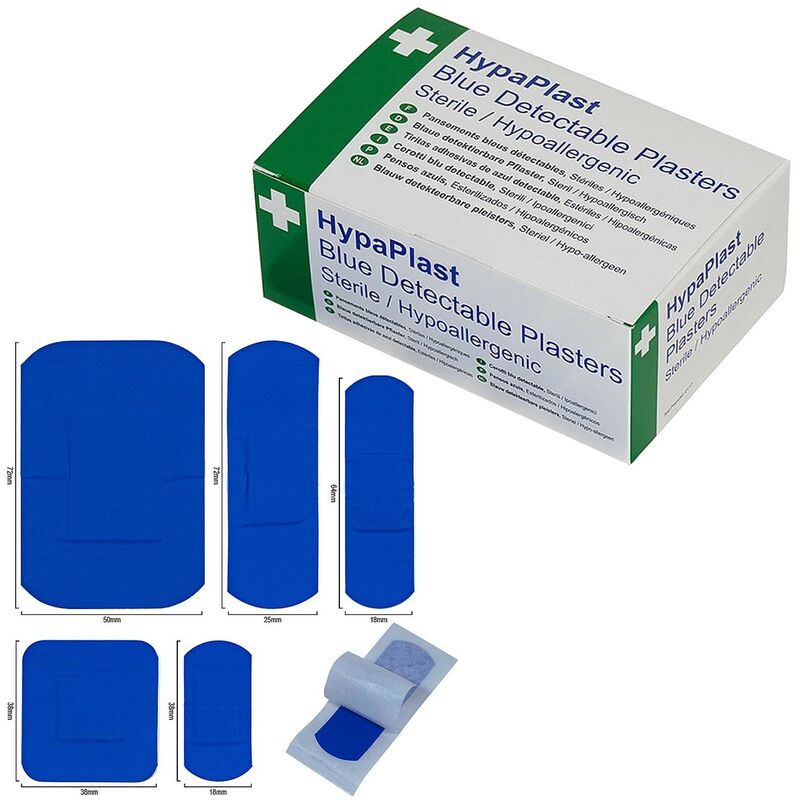 Safety First Aid - Blue Catering Waterproof Plasters Assorted Box of 100 Metal Detectable 5 Sizes