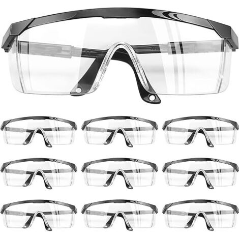 Safety glasses, pack of 10, work glasses, protective eyewear for glasses wearers with adjustable temples, anti-fog, anti-saliva, clear