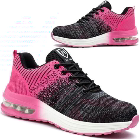 Safety Shoes Men Women Lightweight Breathable Safety Sneakers Comfortable Work Shoe with Steel Toe Cap Black-Pink Size 40
