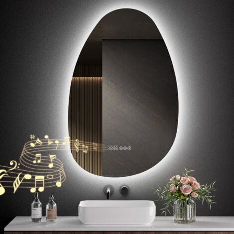 S'AFIELINA Badspiegel mit Beleuchtung Asymmetrisch 85 x 50 cm mit 3 Lichtfarben dimmbar, beschlagfrei, Bluetooth, Uhr, Temperatur, Speicherfunktion