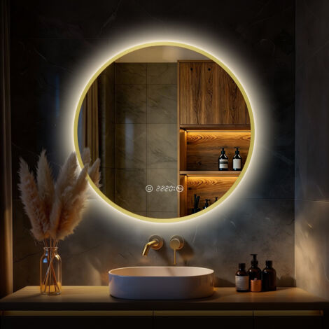 S'AFIELINA Badspiegel mit LED Beleuchtung Wandspiegel Energie Sparen Goldener Metallrahmener Badspiegel mit Touch-Schalter und Beschlagfrei Taste Neutralweißes Licht,Digitaluhr IP44-70 cm