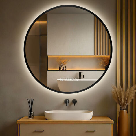 S'AFIELINA Badspiegel mit LED Beleuchtung Wandspiegel Energie Sparen Schwarz Metallrahmener Badspiegel mit Touch-Schalter und Beschlagfrei Taste Neutralweißes Licht Digitaluhr IP44-80 cm