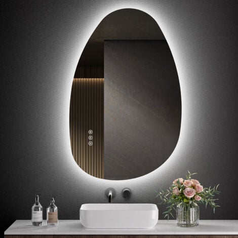 S'AFIELINA Bathroom Mirror with LED Lights, 85 x 50 cm Asymmetrical with Smart Touch Switch, 3 Colors Dimmable Light, Anti-Fog, Memory Function