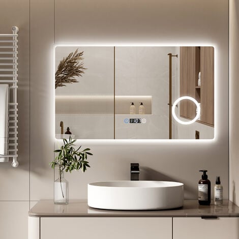 S'AFIELINA LED Badspiegel 100 x 60 cm Badezimmerspiegel mit Beleuchtung Wandspiegel mit Touch-Schalter+Uhr+3 Lichtfarbe 3000K/4000K/6500K Lichtspiegel mit 3-Fach Vergrößerung