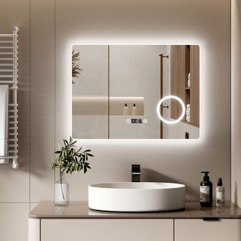 S'AFIELINA LED Badspiegel 80 x 60 cm Badezimmerspiegel mit Beleuchtung Wandspiegel mit Touch-Schalter+Beschlagfrei+Uhr+3 Lichtfarbe 3000K/4000K/6500K Lichtspiegel mit 3-Fach Vergrößerung