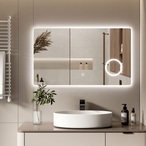 S'AFIELINA LED Badspiegel Badezimmerspiegel mit Beleuchtung Wandspiegel mit Touch-Schalter 6500K Kaltweiß Energiesparend Lichtspiegel mit 3-Fach Vergrößerung LM13-T-MSF-1