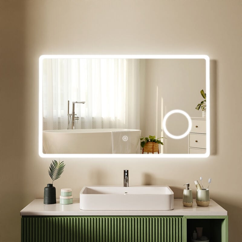 S'AFIELINA LED Miroir salle de bain avec éclairage Miroir Mural 3x Grossissement Miroir lumineux à économie d'énergie 100 x 60 cm 6500K Blanc Froid