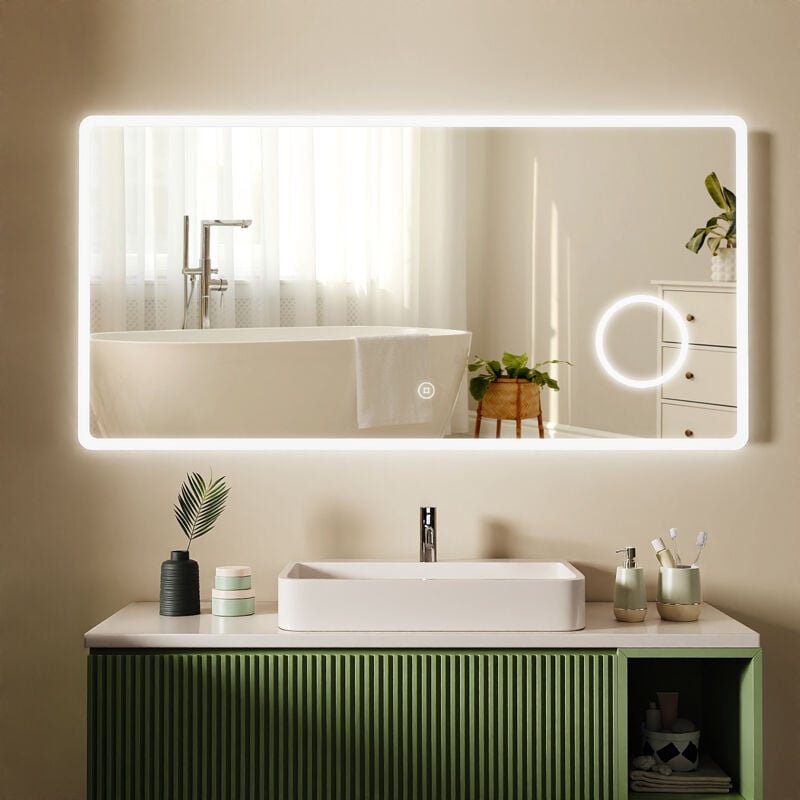 S'AFIELINA LED Miroir salle de bain avec éclairage Miroir Mural 3x Grossissement Miroir lumineux à économie d'énergie 120 x 60 cm 6500K Blanc Froid