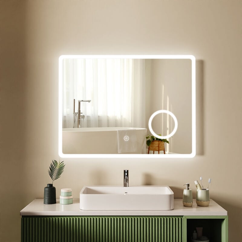S'afielina - led Miroir salle de bain avec éclairage Miroir Mural Miroir lumineux à économie d'énergie 3x Grossissement 80 x 60 cm 6500K Blanc Froid