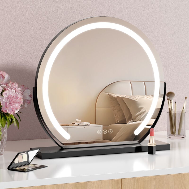 Miroir de maquillage rond avec éclairage led et interrupteur tactile, 3 couleurs de lumière, fonction mémoire, cadre noir, Φ60cm - S'afielina