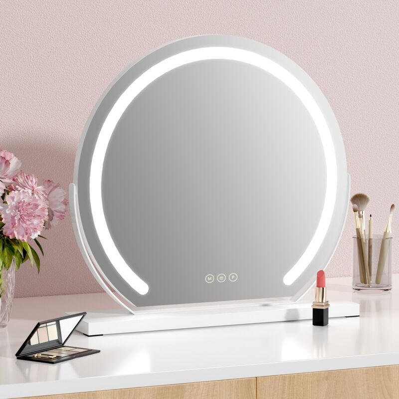 S'afielina - Miroir de maquillage rond avec éclairage led et interrupteur tactile, 3 couleurs de lumière, fonction mémoire réglable, cadre blanc,