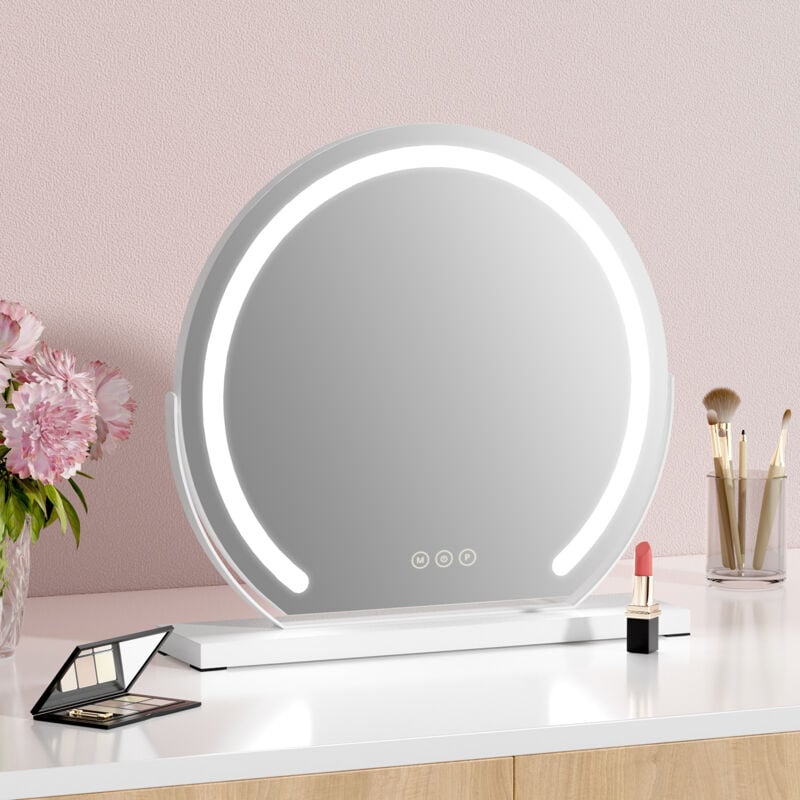S'afielina - Miroir de maquillage rond avec éclairage led et interrupteur tactile, 3 couleurs de lumière, fonction mémoire réglable, cadre blanc,